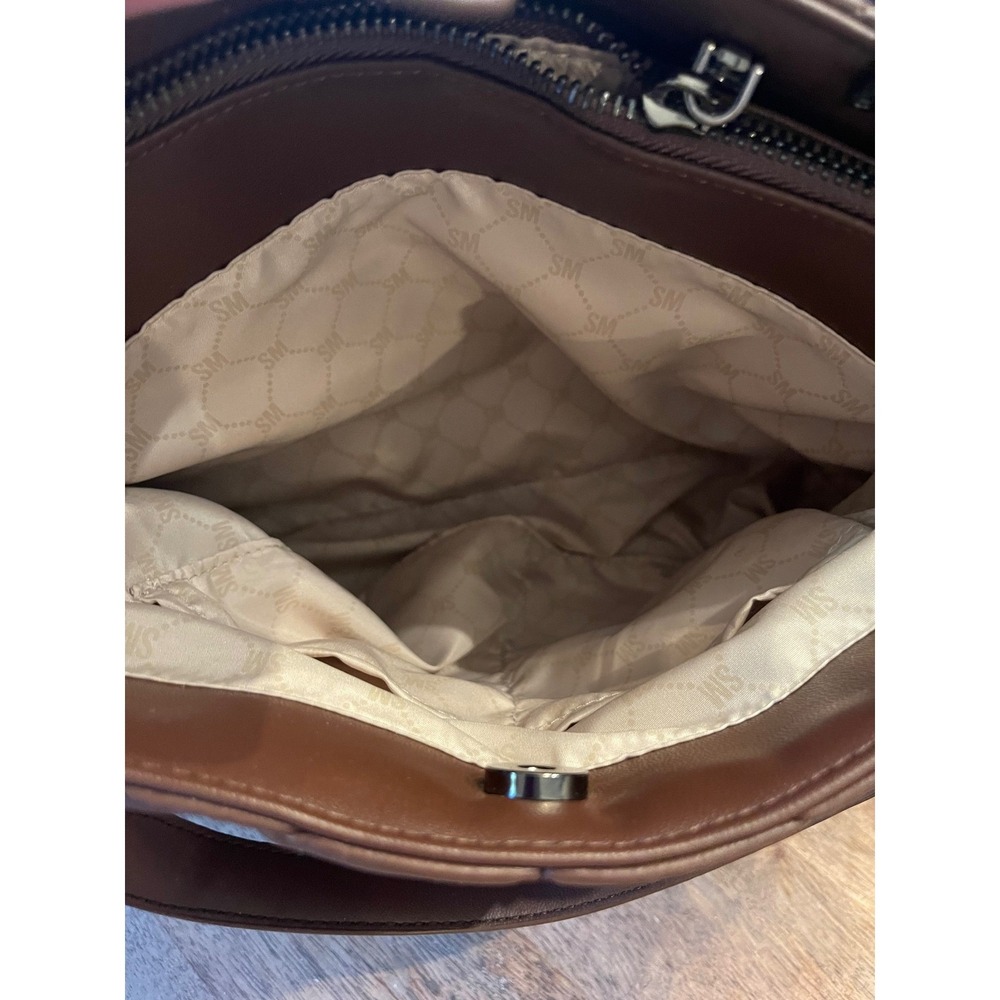 Steve Madden Brown Quilted Satchel Crossbody Bag SM Logo Handbag Minimalist Luxe - Picture 12 of 15